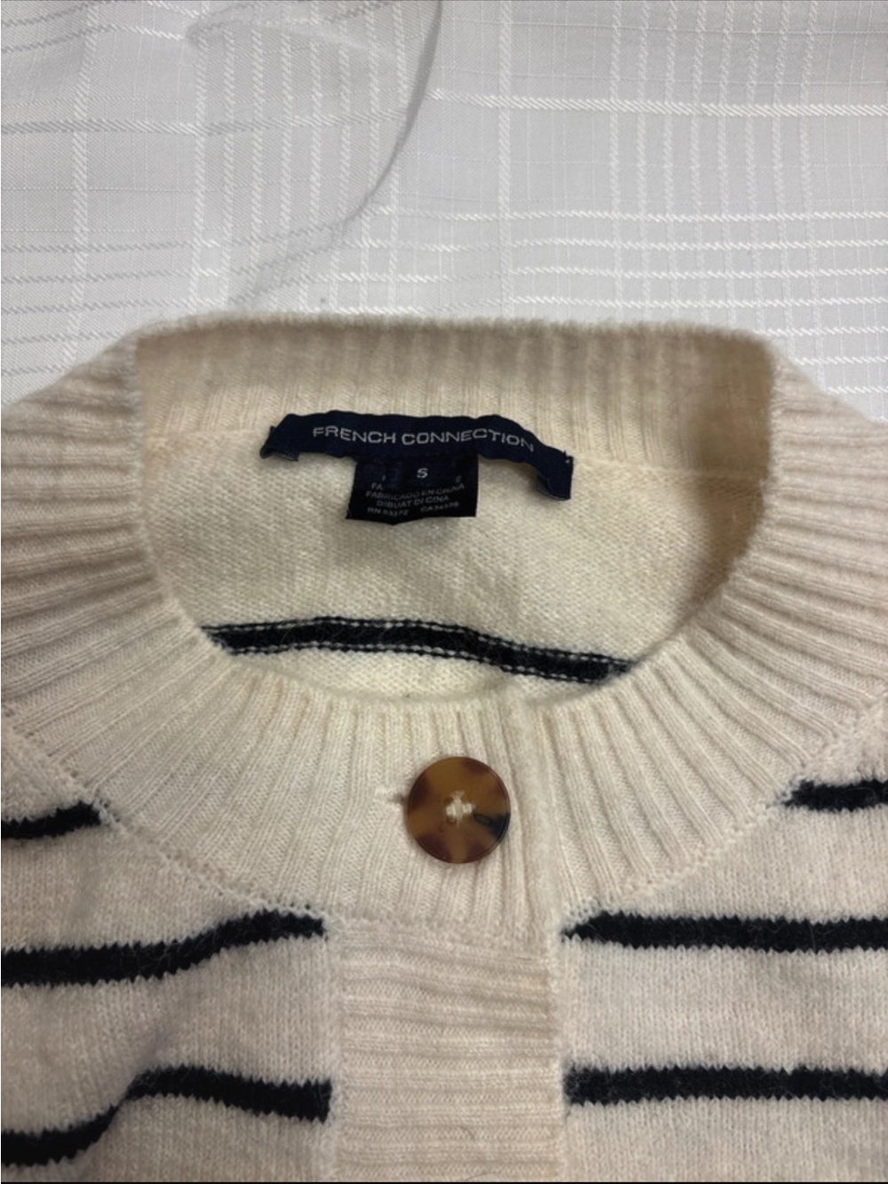 French Connection Cream & Black Striped Button Cardigan - Picture 2 of 8